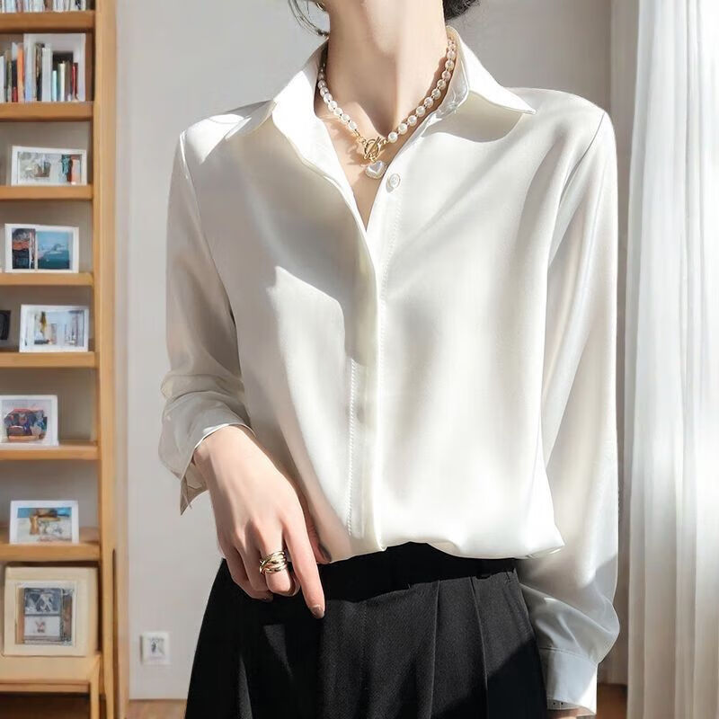 芳透开春新款醋酸白色衬衫女长袖职业宽松通勤复古港风女装衬衣 【白色-缎面暗扣】复古港风 垂感免烫 S  推荐【80-95】斤