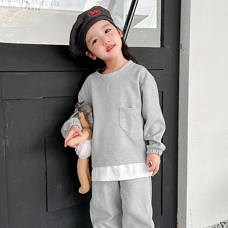 拥抱熊儿童卫衣套装秋款 男宝宝长袖长裤运动服女童假两件卫衣套装韩版 灰色套装 130 cm