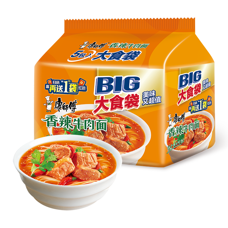 康师傅 方便面 大食袋香辣牛肉面五连包144g*5 泡面袋装速食 方便食品
