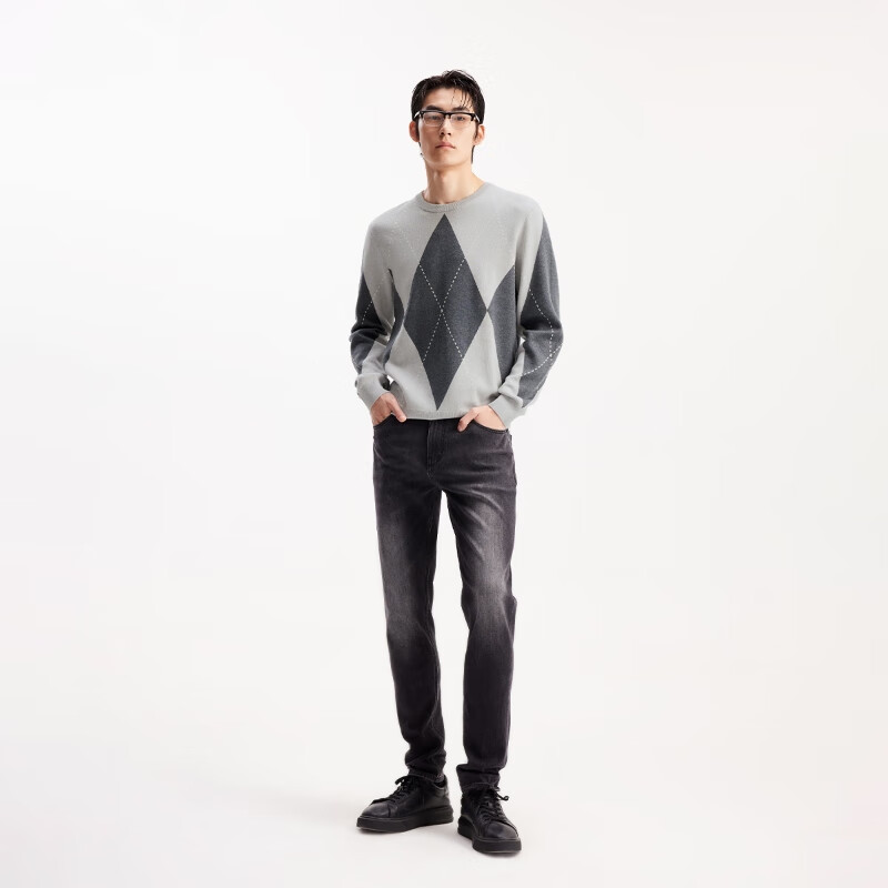 杰克·琼斯(JACK&JONES)男装25年秋冬季针织衫男士薄款毛衣菱形格纹长袖圆领套头打底衫 G41浅花灰色 XL (185)