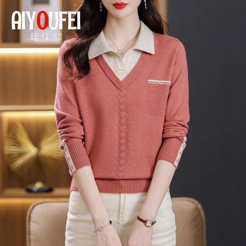 瑷优霏(aiyoufei)针织衫女套头春秋装假两件新款翻领毛衣女时尚百搭减龄上衣打底衫 粉色 S 建议90斤左右