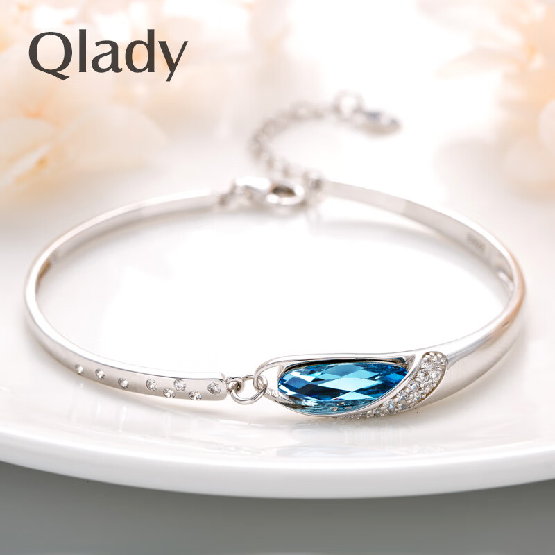 Qlady藍(lán)色水晶手鏈女銀閨蜜情侶銀手鏈學(xué)生簡約ins小眾設(shè)計(jì)二人款