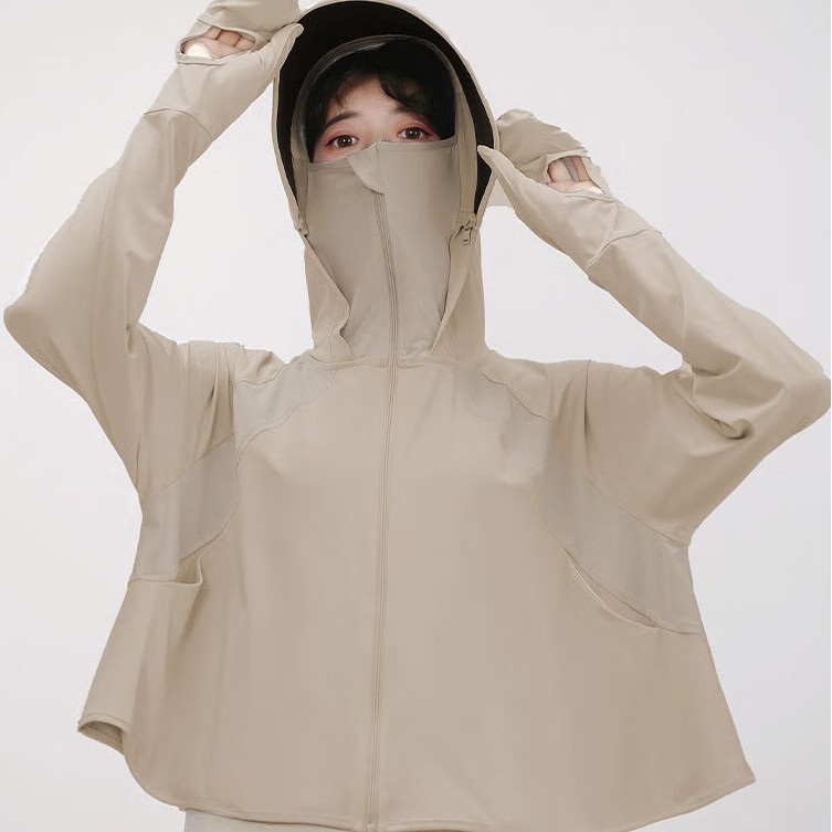 美奈貂防晒衣女新款防紫外线外套夏季遮阳披肩冰丝防晒服薄款 浅咖【手套款】 UPF50+ 可拆帽檐 均码 【80-150斤】 送测试卡