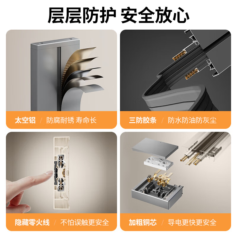 小米有品轨道插座德国品质电工可移动智能轨道明装式电力滑动导轨电源客厅 黑色60cm轨道(五孔-带灯*4)