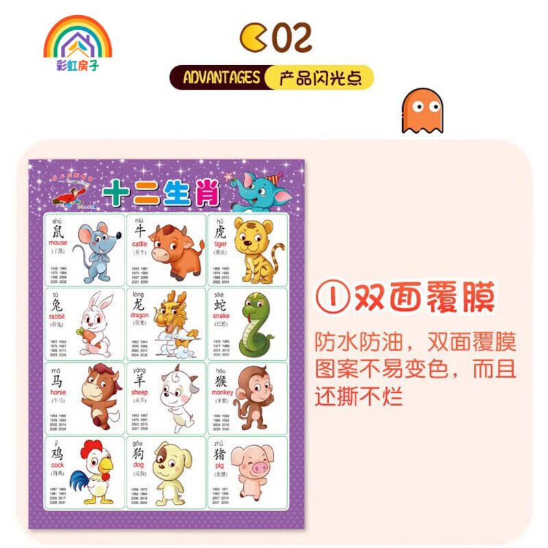 彩虹房子拼音有声挂图儿童认知早教发声儿童语音宝宝看图识字墙贴QD 无声认知挂图随机10张装