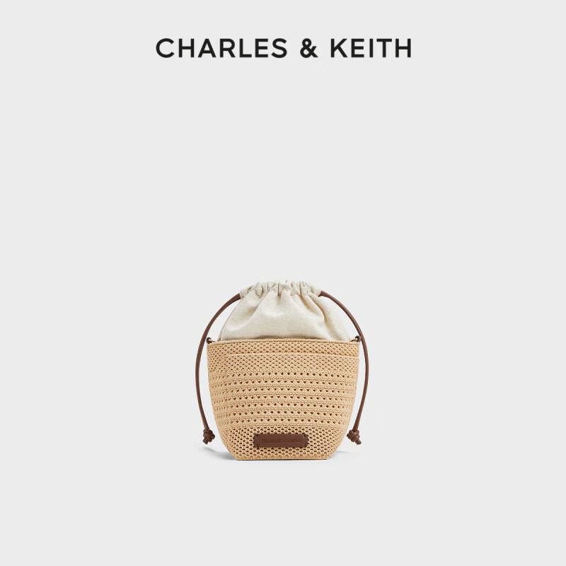 CHARLES&KEITH七夕禮物CHARLES&KEITH女包11-10782618鏤空編織抽繩水桶包 Beige米色