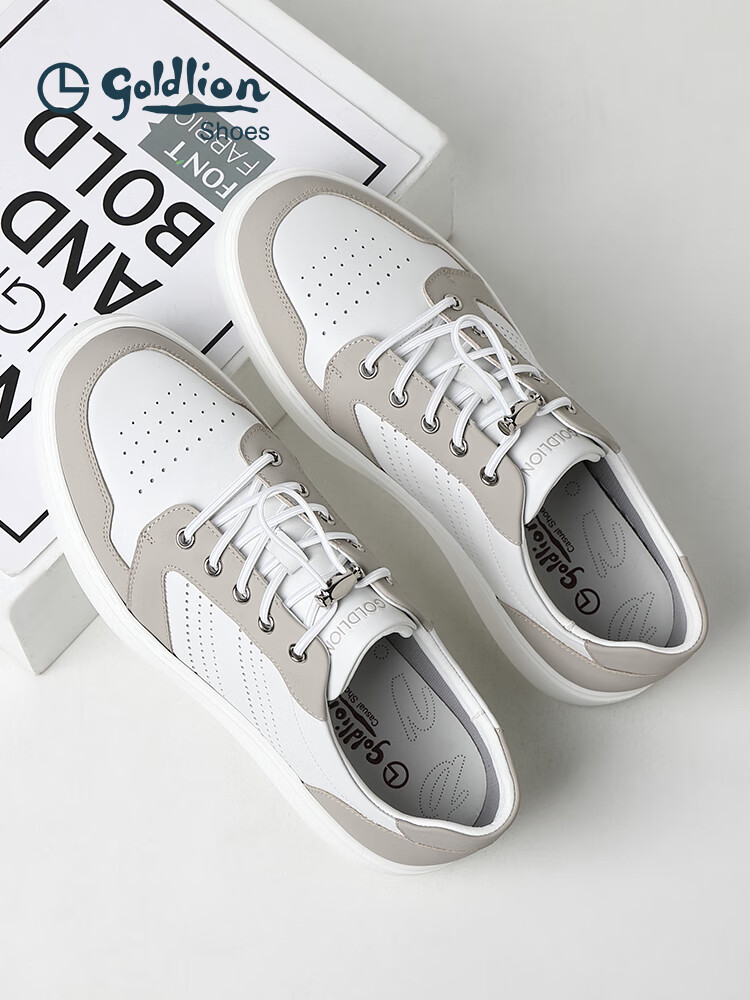 金利来男鞋2025夏季新款休闲透气板鞋牛皮免系带缝线时尚小白鞋男 白黑色-JY 43