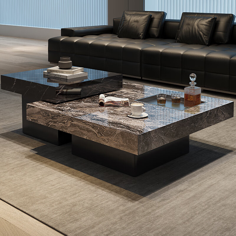曲柏年现代新款岩板茶几极简小户型意式简约客厅大理石家用轻奢方形 雪山白50cm+宝格丽黑80cm 小茶几高51cm+大茶几高41cm
