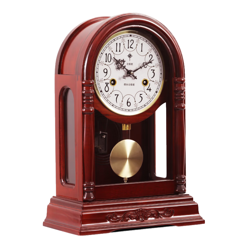 北極星（POLARIS）百年品牌復古實(shí)木裝飾座鐘黃銅精致報時(shí)鐘表銅制機芯打點(diǎn)報時(shí)擺鐘 紅木色