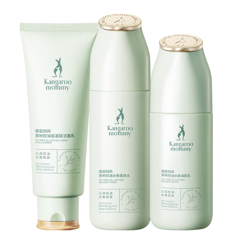 袋鼠妈妈茶树控油套装准孕妇护肤品专用清爽保湿舒缓油皮敏感肌可用化妆品 【茶树5件套】洁面+水+乳+霜+精华