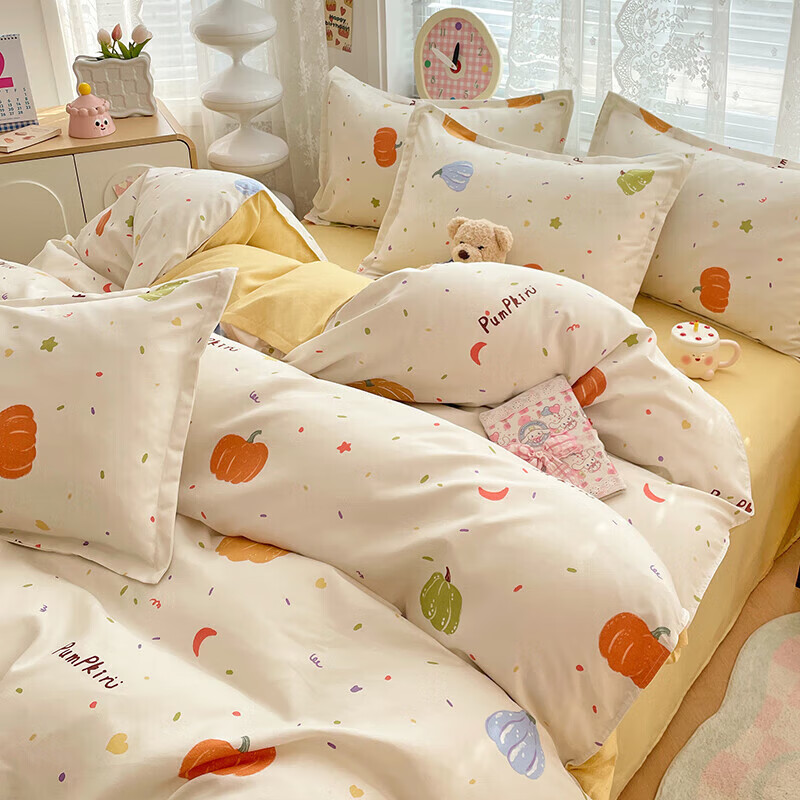 软贝小清新四件套 透气亲肤印花卡通简约田园风被套床单款套件 南瓜园 2.0m 床单款 四件套(被套200*230cm)