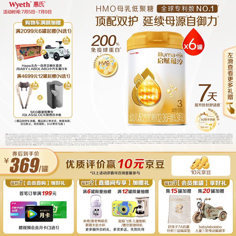 惠氏(Wyeth)启赋蕴淳A2进口HMO幼儿配方奶粉3段(12-36月)810g*6罐