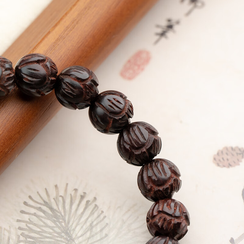 仙源小叶紫檀9mm手工莲花雕刻单圈手串情侣款木作文玩佛珠念珠七夕节
