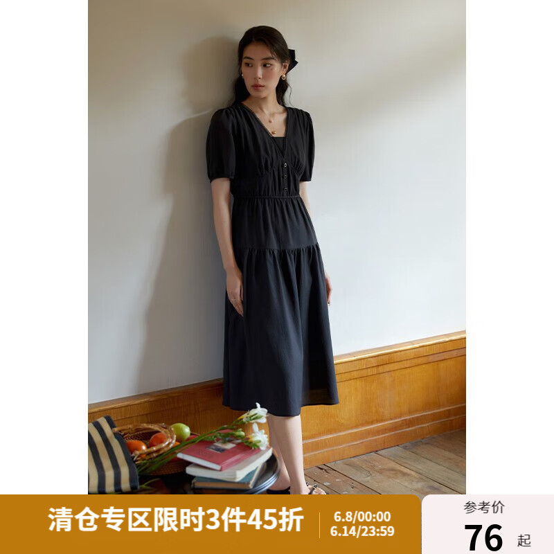 独束大码女装法式慵懒风浪漫V领连衣裙女夏季微胖mm显瘦出游裙子 静谧黑 M