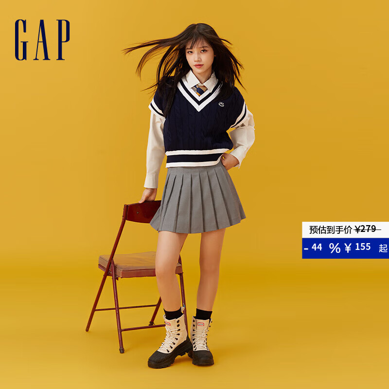 GAP女装春季纯棉撞色甜辣针织衫学院风背心毛衣890004 海军蓝 S (160/80A) 亚洲尺码