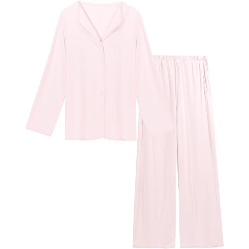 ubras软绵绵开襟翻领长袖长裤套装女款秋冬情侣家居服睡衣 女款-柔雾粉色 S