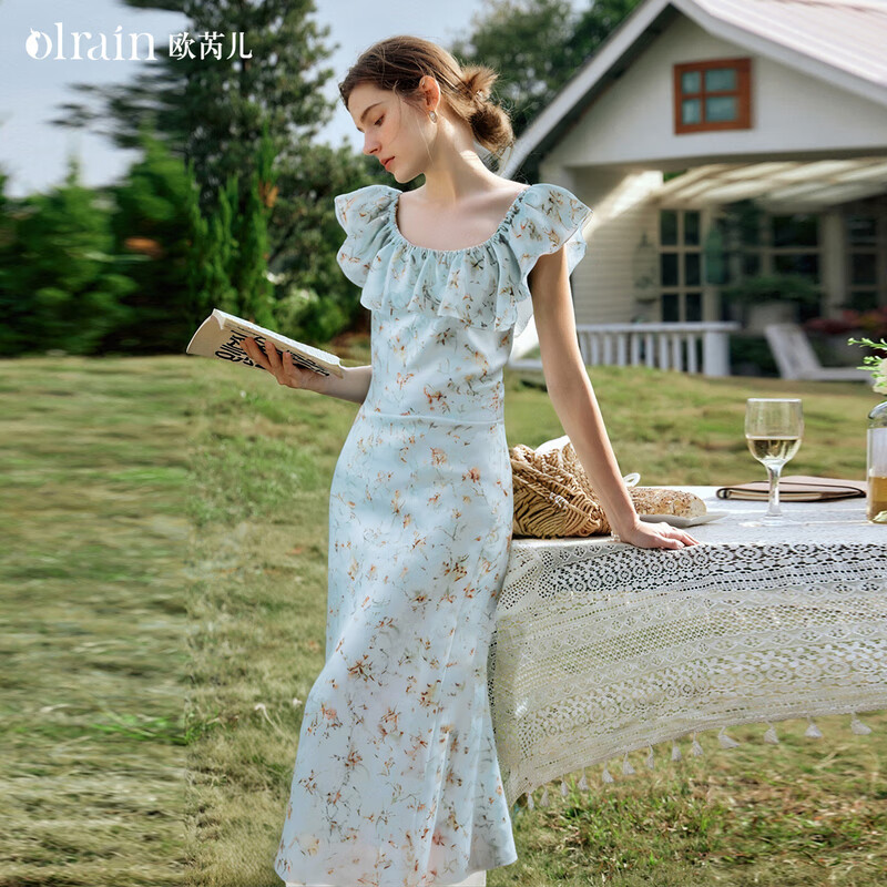 Olrain【5折】碎花方领荷叶边法式连衣裙女夏季新款蓝色茶歇裙 蓝色 M