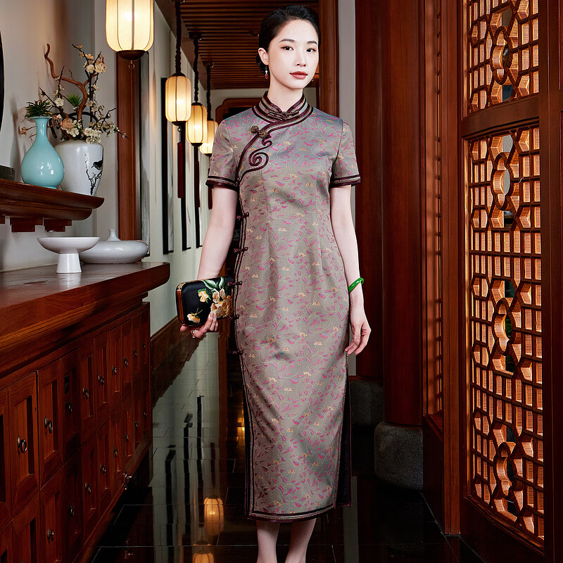 玺玥中国风香云纱宋锦罗传统如意旗袍桑蚕丝古典连衣裙2025夏季 浅灰色 XL