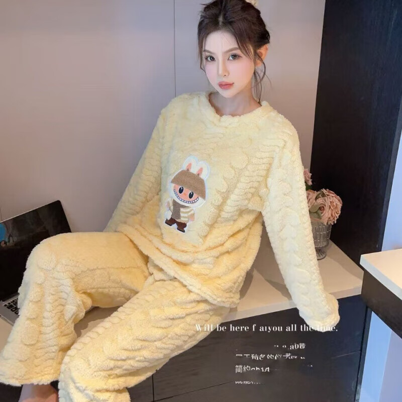 诗莉奥(SHILIAO)睡衣女珊瑚绒秋冬季新款加厚绒休闲保暖家居服少女冬天套装可外穿 小兔-姜黄色套装 均码 155-175/80-105CM