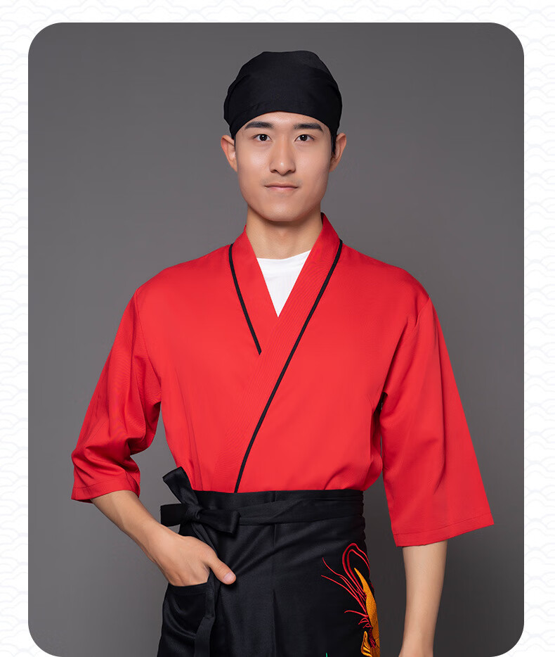 勤思路日料店廚師中袖工作服日本料理壽司居酒屋廚房服務(wù)員壽司服logo 紅色 S
