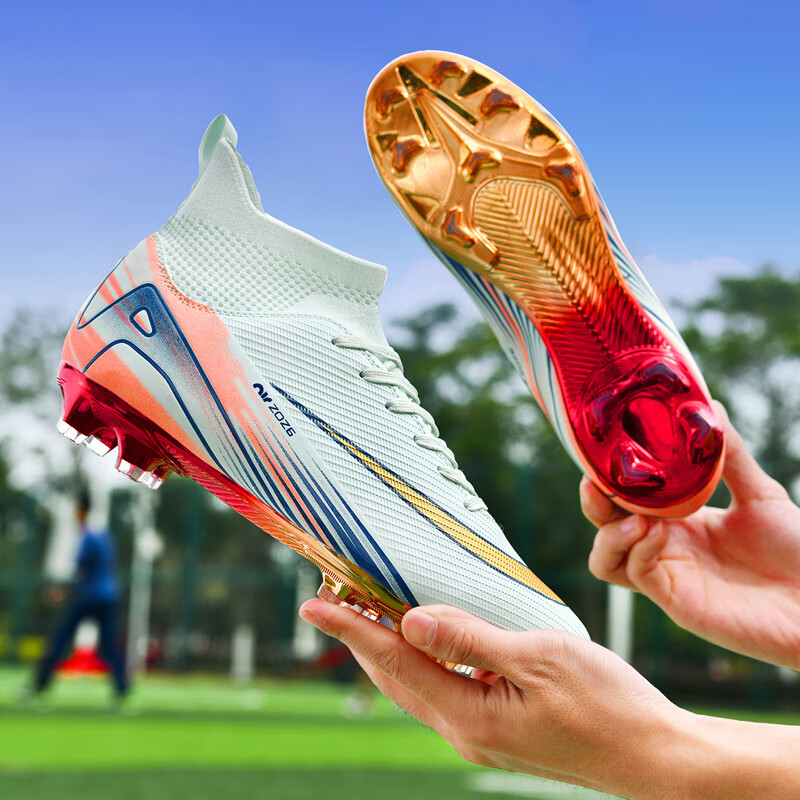 KUNY耐磨新品C罗刺客电镀成人儿童足球鞋男童AG长钉T碎钉学生训练鞋 2501浅月色高帮长钉 袜子＋护腿 38