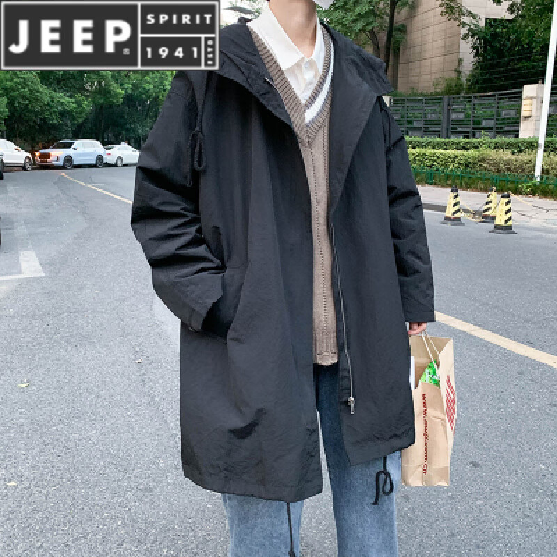 JEEP SPIRIT风衣男士新款秋冬季薄款潮流加绒加厚连帽中长款大衣外套大码男装 FY314黑色 M