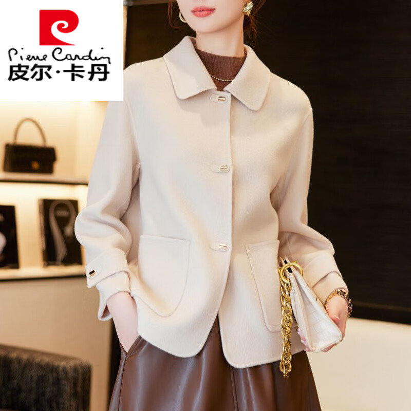 皮尔卡丹（pierre cardin）双面呢大衣女短款2025春秋新款高级感双面绒显瘦洋派减龄毛呢外套 米白色 2XL 120-130斤