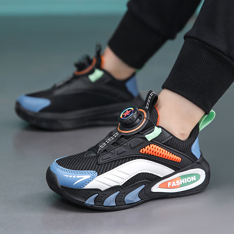 贝天熊男女童儿童运动鞋2025秋冬款男孩网面女鞋透气旋钮扣学生革面童鞋 K111黑桔【春秋双网】 29 内长18.4/脚17.4