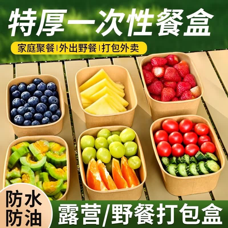 一次性餐盒牛皮纸野餐饭盒水果食品级纸碗上班露营春游便当打包盒 750ml牛皮纸方盒 15套【碗+盖】【加赠5套】