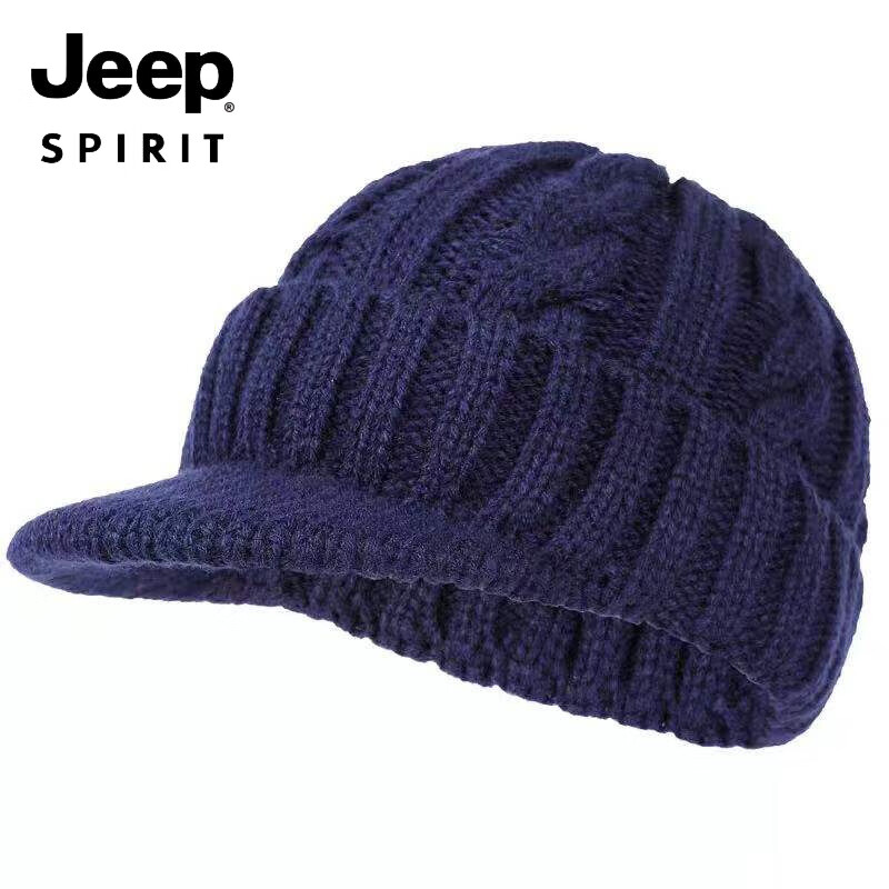 JEEP款男士短檐鸭舌帽冬季中老年人加绒加厚保暖麻花毛线针织帽子腈纶 卡其色