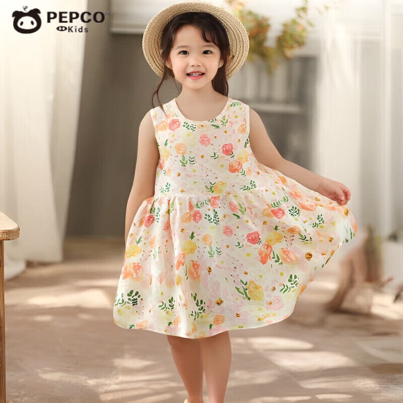 小猪班纳女童夏季薄款连衣裙儿童泡泡棉宽松无袖背心裙宝宝碎花休闲长裙子 大花朵 140 cm