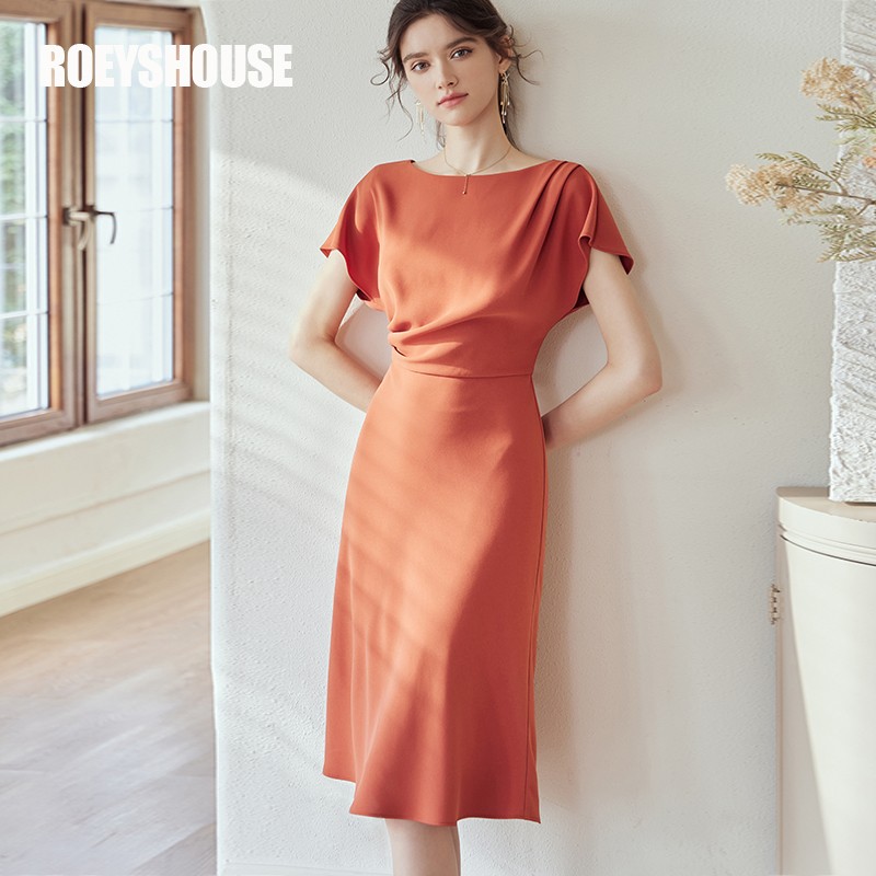 ROEYSHOUSE罗衣知性连衣裙女夏装新款气质蝙蝠袖褶皱大摆裙06560 橘红色 XL