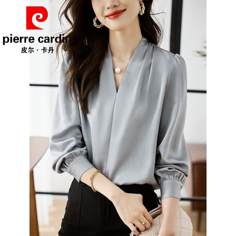 皮尔卡丹(pierre cardin)高端品牌法式真丝白衬衫女长袖秋季新款高端职业气质v领醋酸缎面 皮尔卡丹 灰色 S