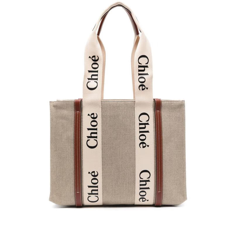 蔻依（Chloe）女士帆布手提托特包休閑百搭配色刺繡圓環(huán)手柄敞口大容量日常包 LEATHER BROWN UNI