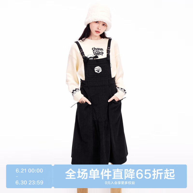 樂町【商場同款】×小羊肖恩聯(lián)名 24冬新款燈芯絨背帶裙C2FAE4213 黑色 S