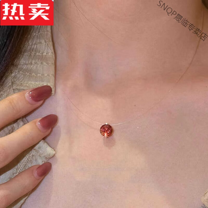 SNQP港澳輕奢高端品質(zhì)925通體銀莫桑隱形魚(yú)線(xiàn)紅閃鉆頸鏈鎖骨項鏈配飾 項鏈