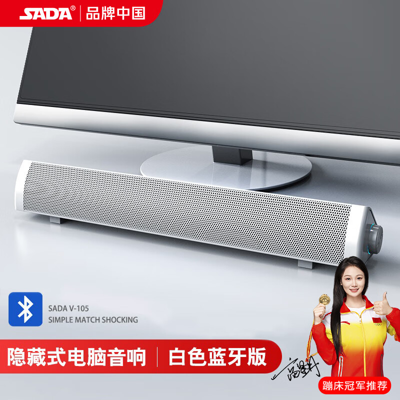 赛达 电脑音响音箱家用台式机低音炮桌面回音壁usb大音量蓝牙小钢炮迷你笔记本长条小音箱 皓月白蓝牙/有线双模