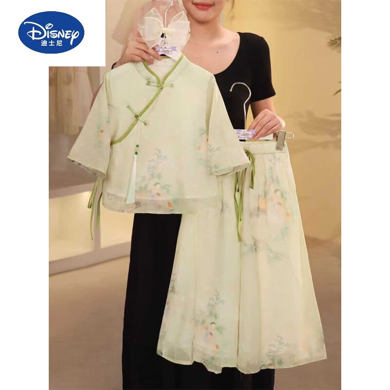 迪士尼（Disney）小女孩明國風(fēng)衣服夏季薄款新中式古風(fēng)套裝女童日常可穿簡潔漢服 淺綠色套裝（上衣+褲裙） 130 cm