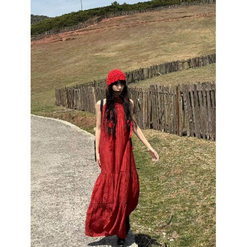 京功沙漠拍照紅裙子適合去泰國旅游穿搭復(fù)古酒紅色無袖掛脖寬松連衣裙 酒紅色 S