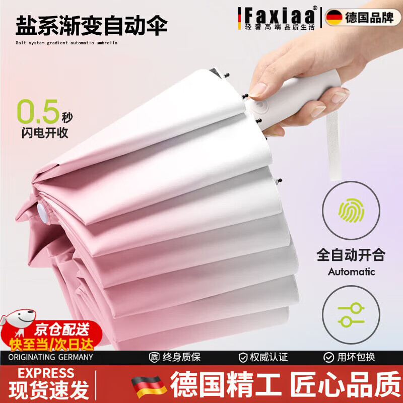 筏芯【德国品质】防晒伞高颜值渐变女生太阳伞紫外线全自动晴雨伞遮阳 【渐变白桃粉】全自动36骨抗风