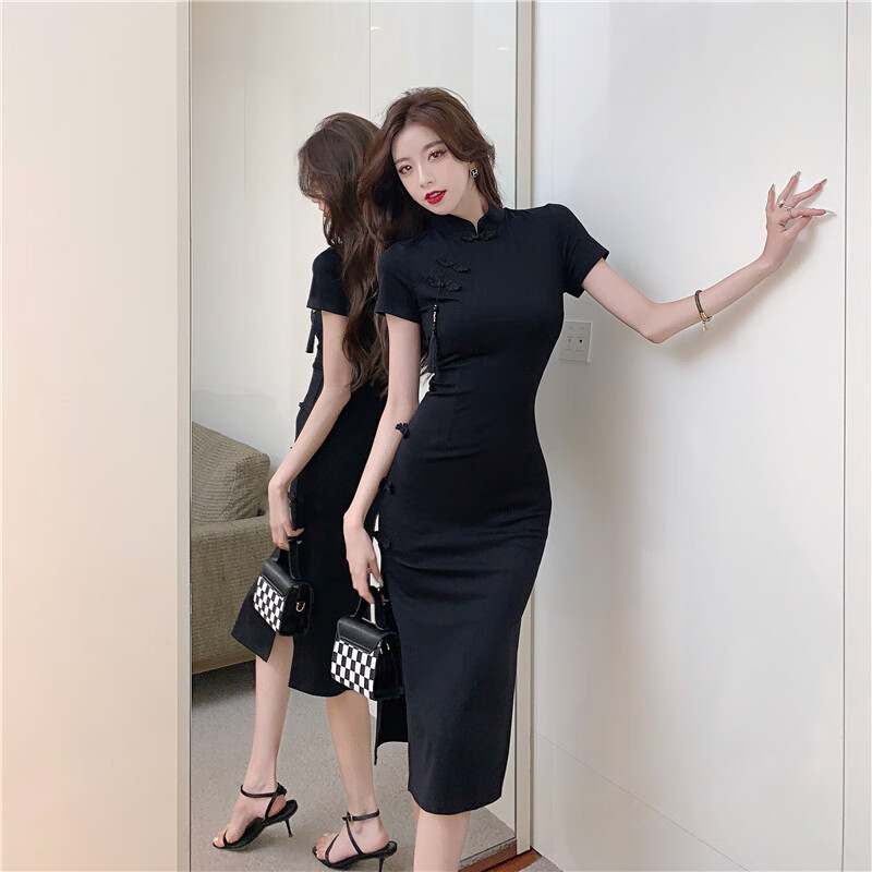 【优选】新中式黑色连衣裙女夏季复古盘扣改良旗袍设计感收腰开叉 黑色 S 京东折扣/优惠券