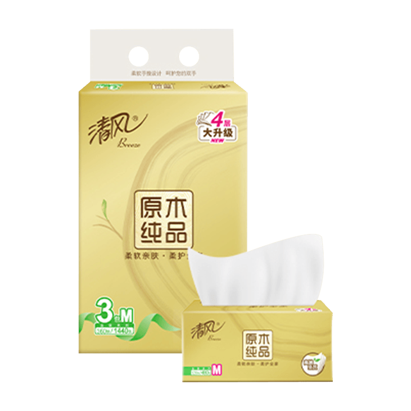 清风金装抽取式面巾纸M 3包 (新老包装随机发货) 4层 120抽 3包 整箱装 无*