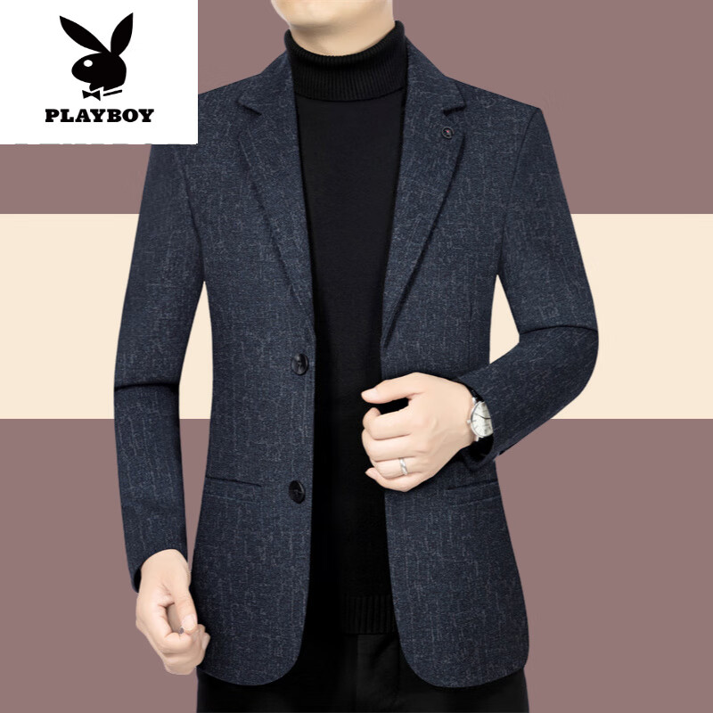 花花公子（PLAYBOY）2025春秋中年百搭休閑西裝外套商務(wù)潮流男士便單西服上衣新品 藍(lán)色【82362】薄.款 L 175 (適合115-135斤)