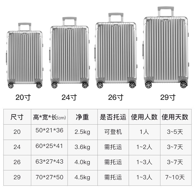 洛斯伯里（Roserooen）全铝镁合金拉杆箱20寸24寸金属行李箱万向轮20登机旅行箱子 防刮磨砂钛金色【经典款】 24英寸 【全金属铝镁合金材质】