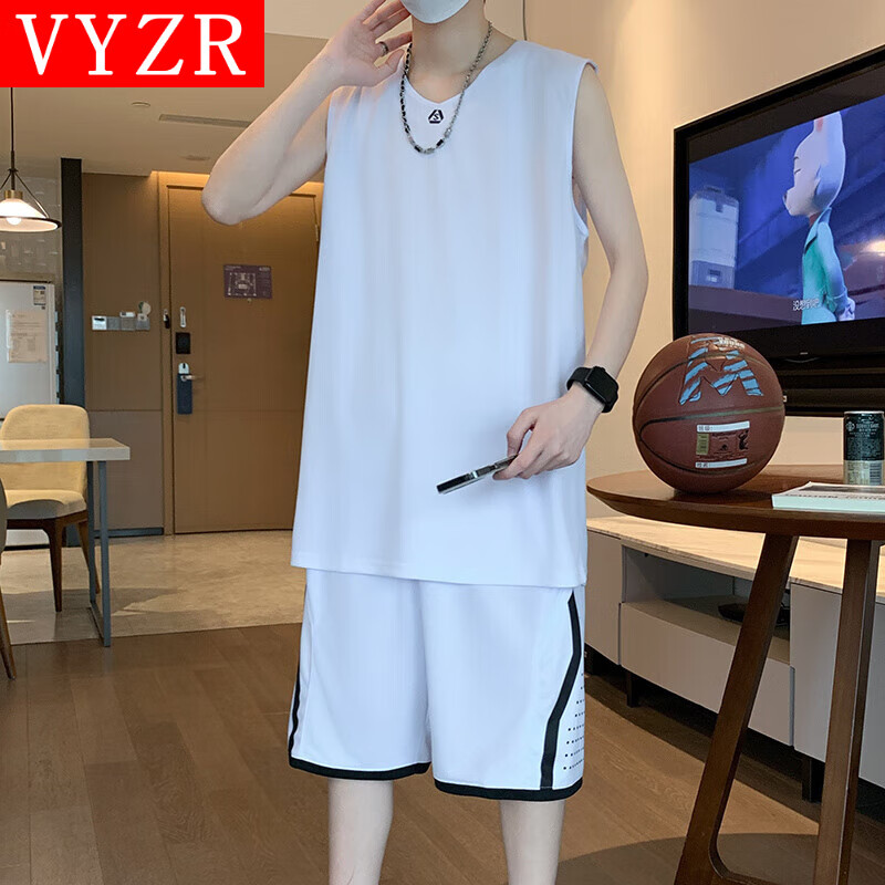 VYZR篮球服运动套装男速干衣夏季跑步新款冰丝背心短裤羽毛球健身衣服 白色 L
