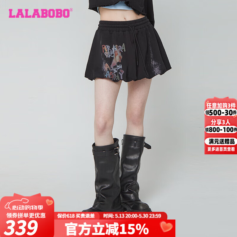 LALABOBO【商场款】涂鸦a字高腰短裙女设计感防走光花苞半身裙潮RBDC-ZQ11 黑色 常规 M