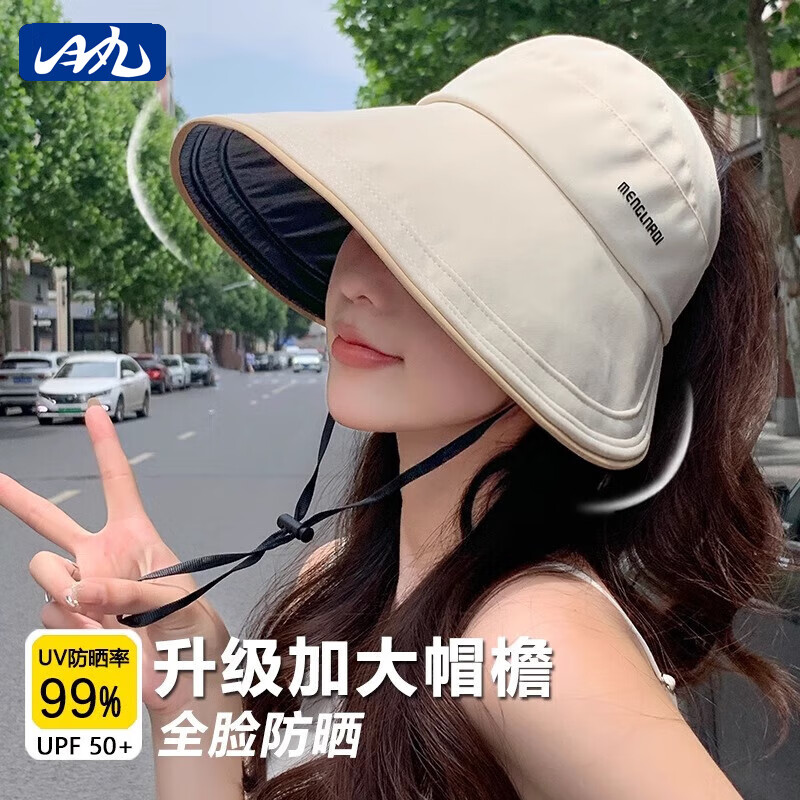 目丸大帽檐防晒帽子女款2025新款夏季遮阳帽防紫外线渔夫帽空顶太阳帽 白色 米 均码