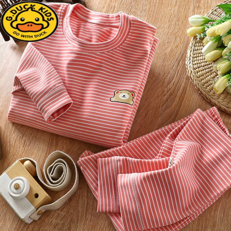 G.duck德绒儿童保暖内衣冬男童女童秋衣秋裤套装中大童保暖无骨宝宝套装 细条粉色 (A类材质/柔软舒服) 170 cm(建议身高155-165cm)
