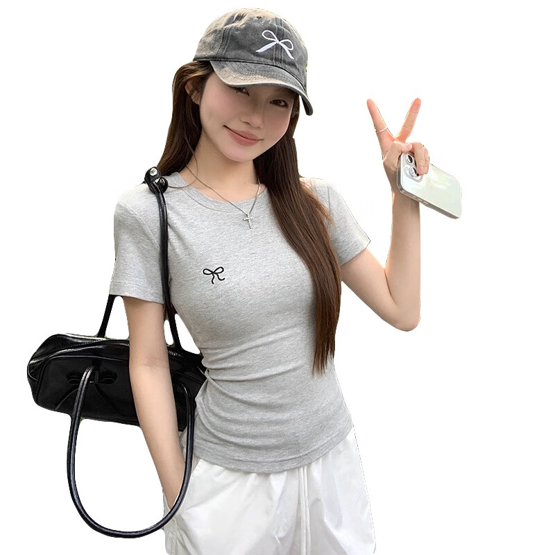 帅西欧蝴蝶结纯欲圆领修身显瘦T恤弹力短袖正肩上衣2025夏新款 灰色 L