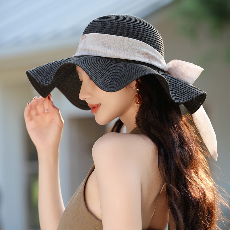 蒲恋遮阳防晒帽女款夏季新款帽子夏天户外拉菲草帽波浪沿蝴蝶结太阳帽 MZ2508卡其